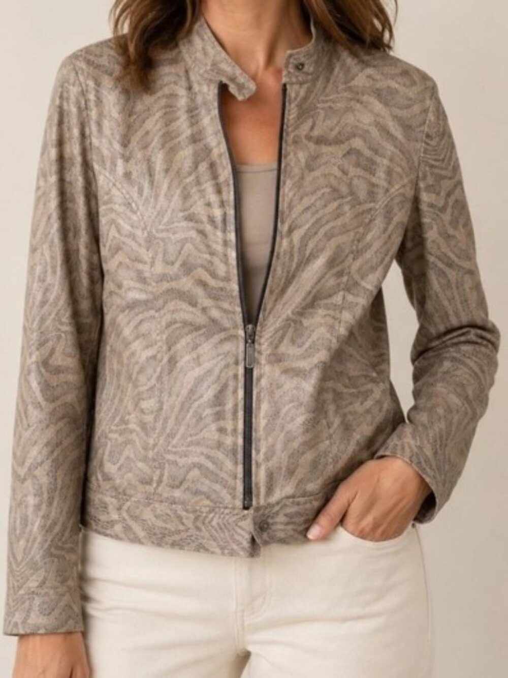 Chico's Tan Metallic Gold Zebra Animal Print Moto Full Zip Mock Neck Jacket 3/XL